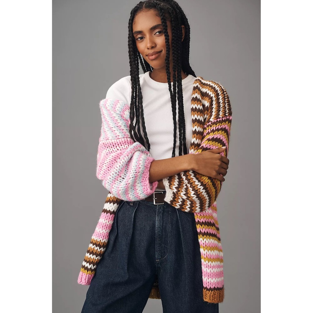 By Anthropologie Pink Striped Chunky Knit Oversized Cardigan Size O/S Maximalist